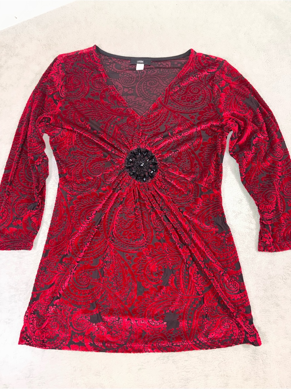 Red Velvet Burnout Paisley Tunic Medallion Top Small